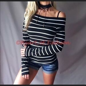Off Shoulder Foldover Striped Long Sleeve Knit Top